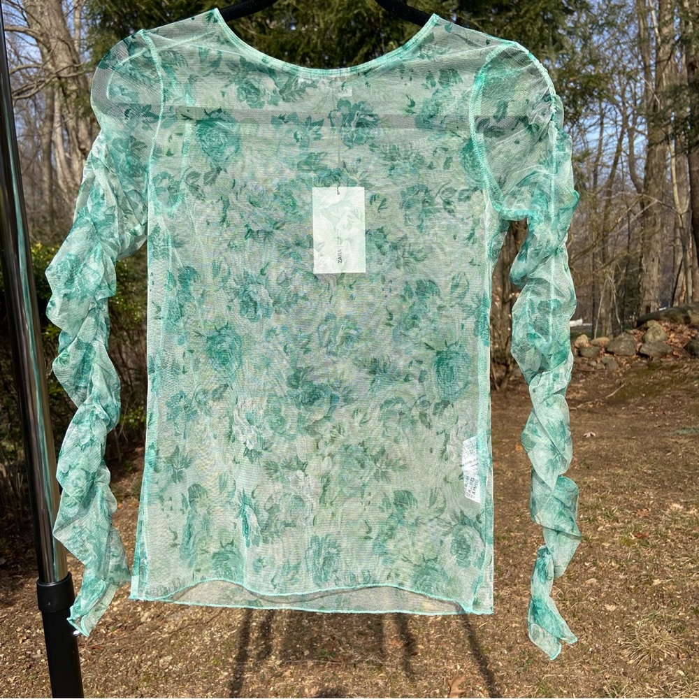 NWT Zara Green Floral Mesh Top